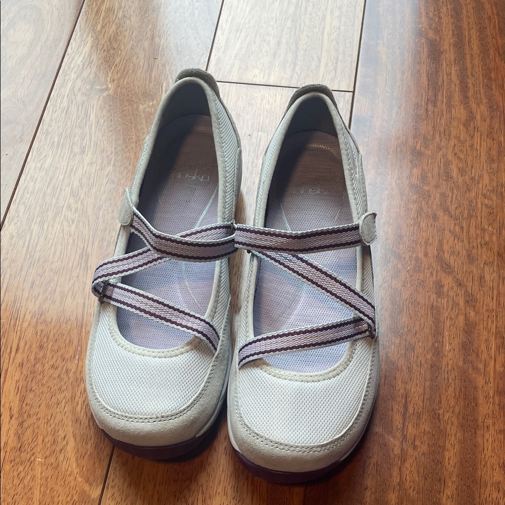 Dansko Light Gray Flats with Striped Cross Straps